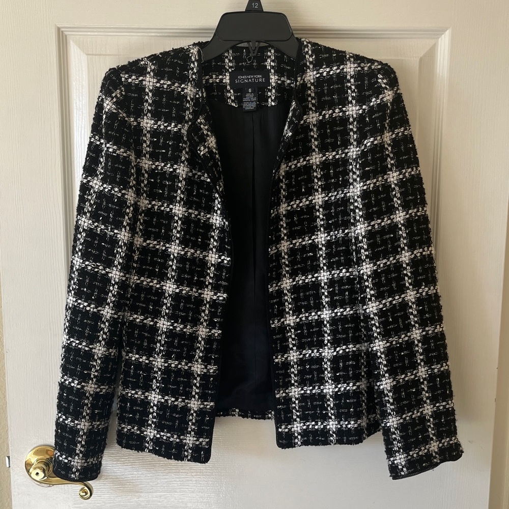 Jones New York Black and White Tweed Open Blazer